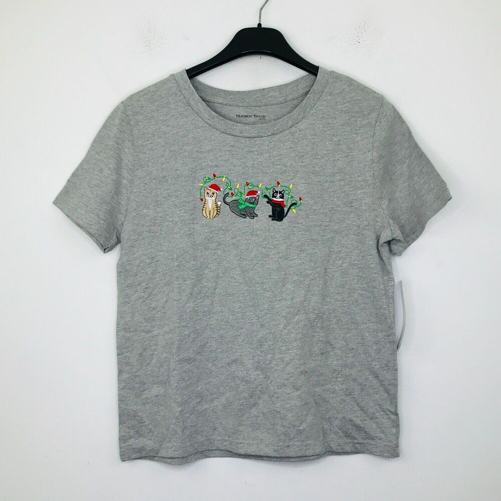 Madison Taylor Women's PS T-Shirt Gray Christmas Lights Cats Embroidered NWT